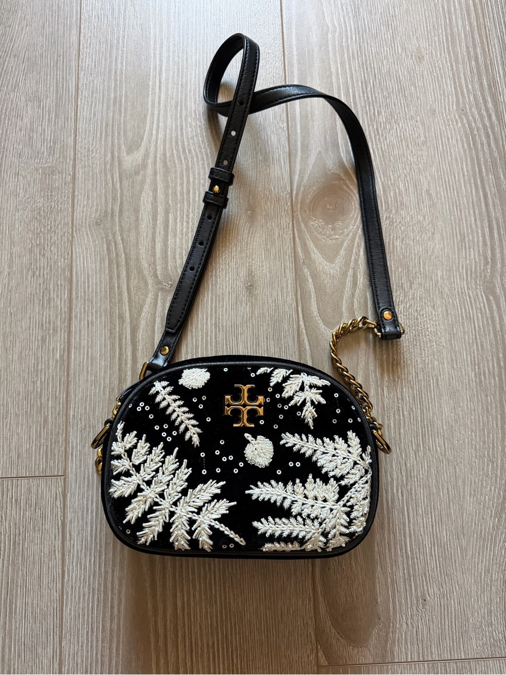 Tory Burch Kira Embroidered Velvet Camera Bag White Sequin Floral Embroidery